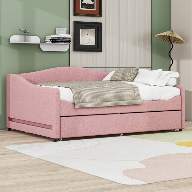 Teddy Upholstered Daybed with Twin Trundle and Smart LED Features, Full / Double, Pink