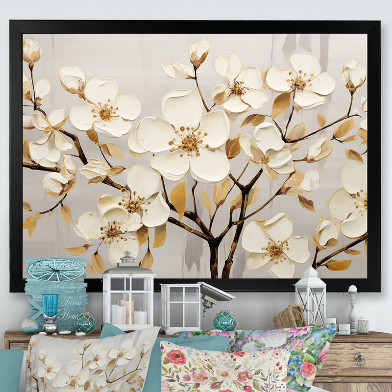 Dogwood Peacefulness sur toile or blanc, Cadre d'angle fermé noir, H 34 po x l 44 po x P 1,5 po