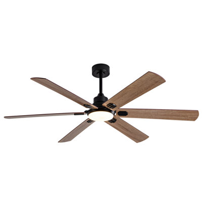 Smart 60" Indoor/Outdoor Ceiling Fan With Light, Dual Finish Black/Walnut 6-Blade, Remote Control, Dimmable LED, 6-Speed Quiet DC Motor, Reversible