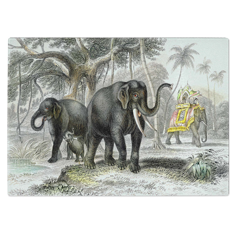 Tempered Glass Asian Elephants Chopping Board, 28.5 cm W x 20 cm L