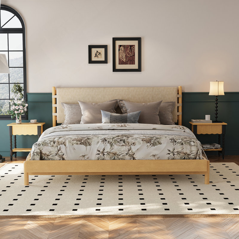 Cadre de lit plateforme en bois d'hévéa de qualité supérieure avec tête de lit incluse, lit Mid Century Modern, Beige