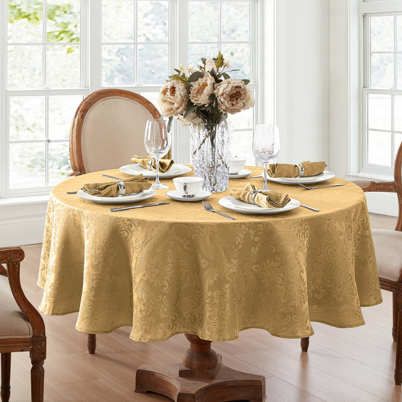 Gold Damask Round Polyester Tablecloth, 90"