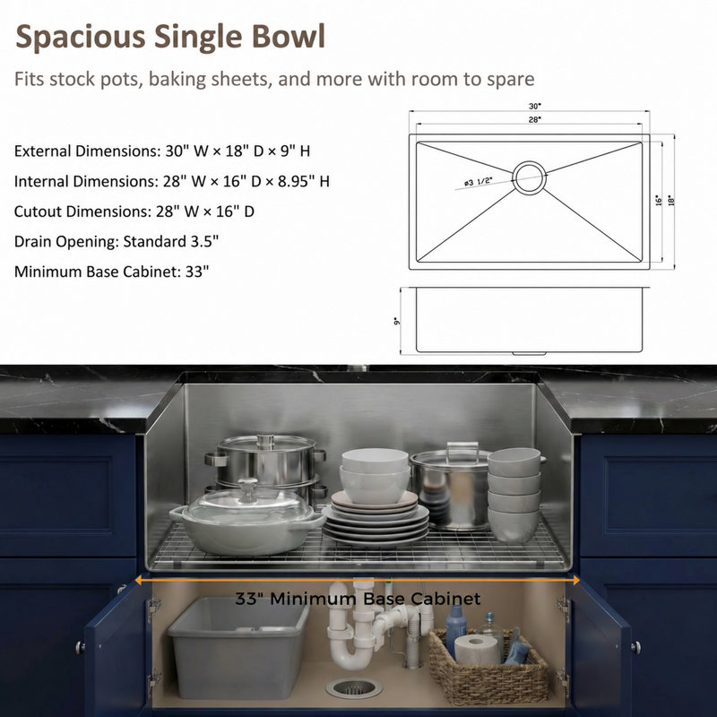 30" Lx18" W Undermount 18 Gauge Stainless Steel Single Bowl Kitchen Sink with Accessories