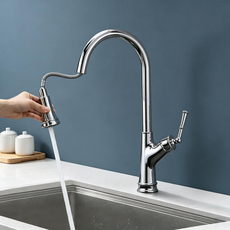 Topcraft Single Handle Pull Down Kitchen Sink Faucet, Chrome