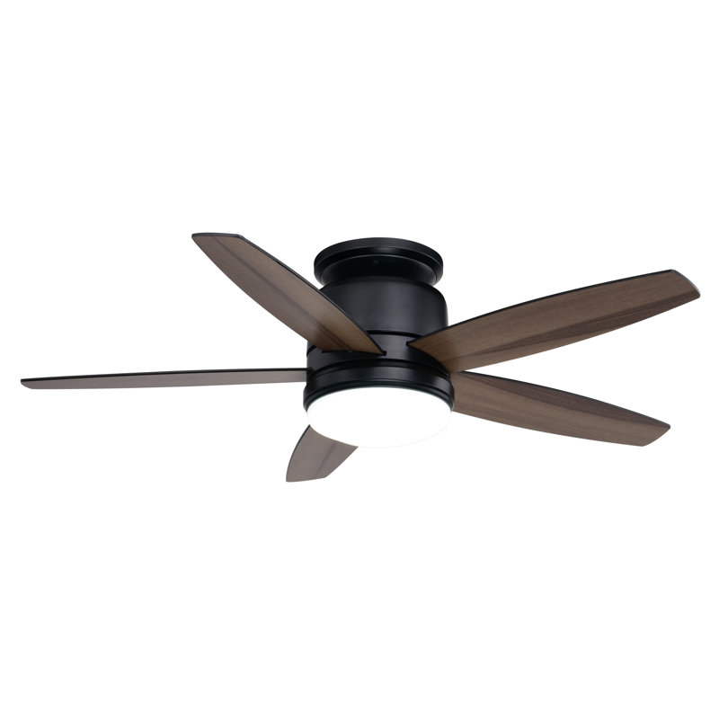 Gurmaan 44 in. Black Indoor Low Profile Flush Mount Transitional Ceiling Fan with Reversible Black-Brown Hickory Blades, Dimmable Integrated LED Light Kit and Remote Control, 3 Speeds, White Glass Shade