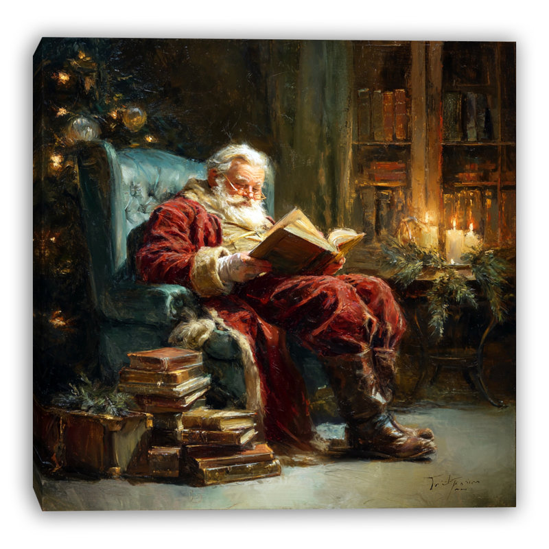 Père Noël étudiant des histoires de Noël sur toile tendue, H 20 po x l 20 po