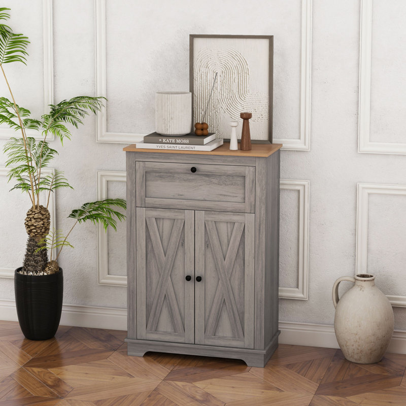Farmhouse Barn Door Accent Cabinet With Adjustable Shelf, Drawer, And Spacious Storage, Gray