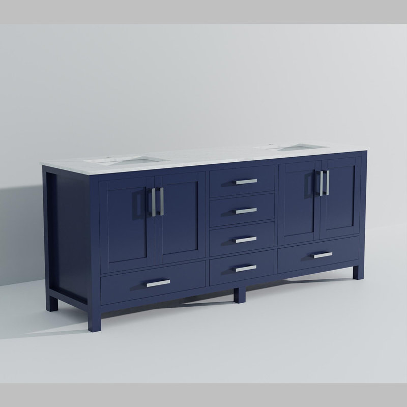 Double Bath Vanity with Carrara Marble Top, Navy Blue