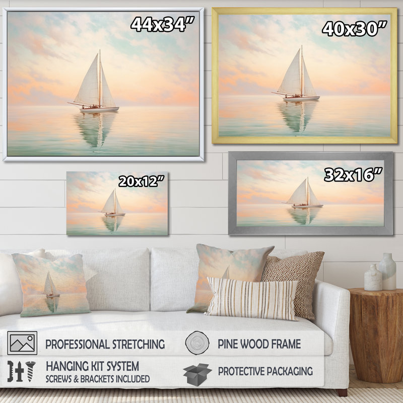 Bateau, eaux éthérées II - impressions sur toile, H 12 po x l 20 po x P 1 po, Cadre flottant blanc
