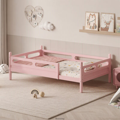 Lit plateforme double en bois pour enfant avec barrières de sécurité, profil bas, sommier à lattes, sans sommier tapissier, rose