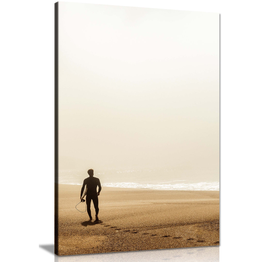 Panther Print Fine Art Prints Surfer''s Silhouette On A Misty Beach Artistic Framed Canvas Print, Pictures For Home Walls, Bedroom, Living Room & Bath