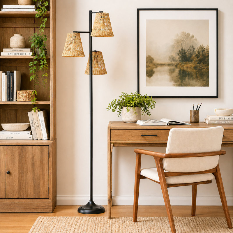 72.25" Boho 3-Light Rattan Tree Metal Floor Lamp