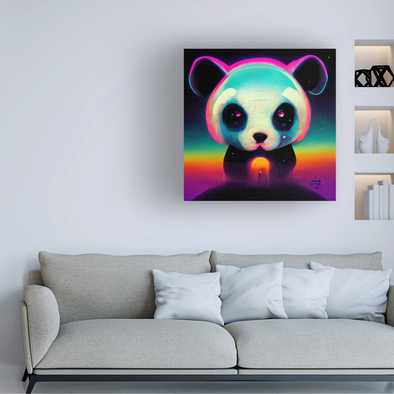 Art mural sur toile tendue - Panda néon «Wumples» pour décoration de salon, de chambre à coucher ou de bureau - 18 x 18