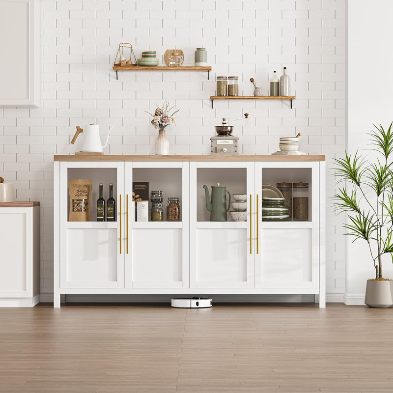55" Sideboard Buffet Cabinet with 4 Glass Doors, Modern Farmhouse Storage Cabinet Table for Kitchen Dining Room, Living Room