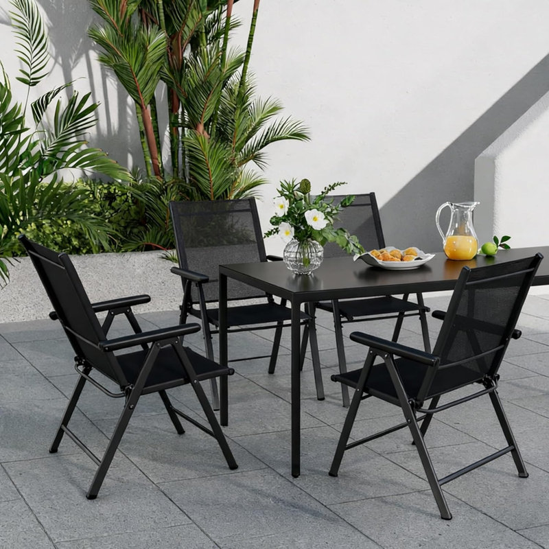Foldable Outdoor Garden Dining Chairs, 7-Level Adjustable Reclining Backrest with Armrests, Black