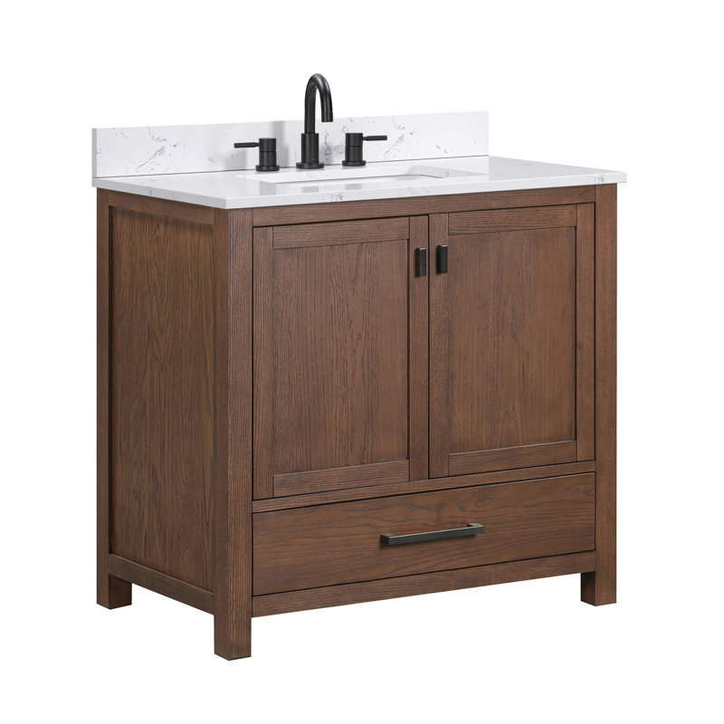 Modero 36" Single Bathroom Vanity with Top, Black, Mocha Oak, Cala White Marble