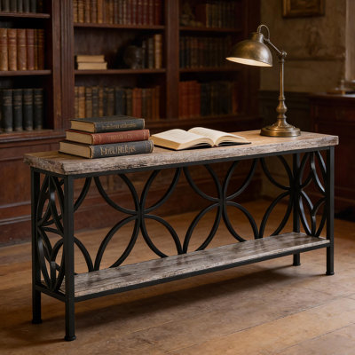 Console de style industriel à 2 niveaux avec grain de bois rétro et détails en métal noir, parfaite pour les espaces étroits et polyvalente