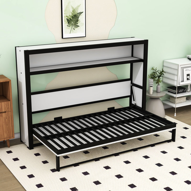 Lit escamotable simple avec tablettes intégrées, Blanc cassé