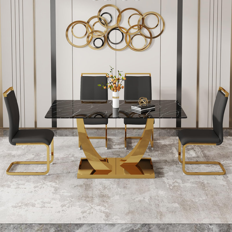 Modern Dining Table Set For 4,Rectangular Pedestal Dining Table With Chairs, Black, Black