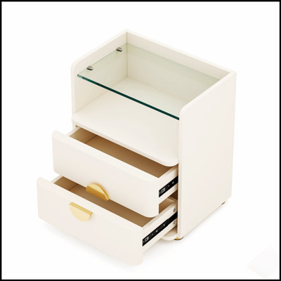 19.68 Inch Modern 2-Drawer Nightstand with Tempered Glass Top and Open Shelf, Stylish Wood Bedside Table for Contemporary Bedrooms and Living Rooms