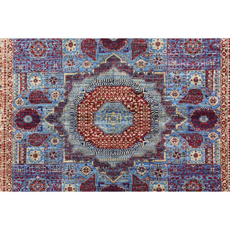 Hand Knotted Wool Area Rug in Blue And Beige, Rectangle 4'11" x 6'7"