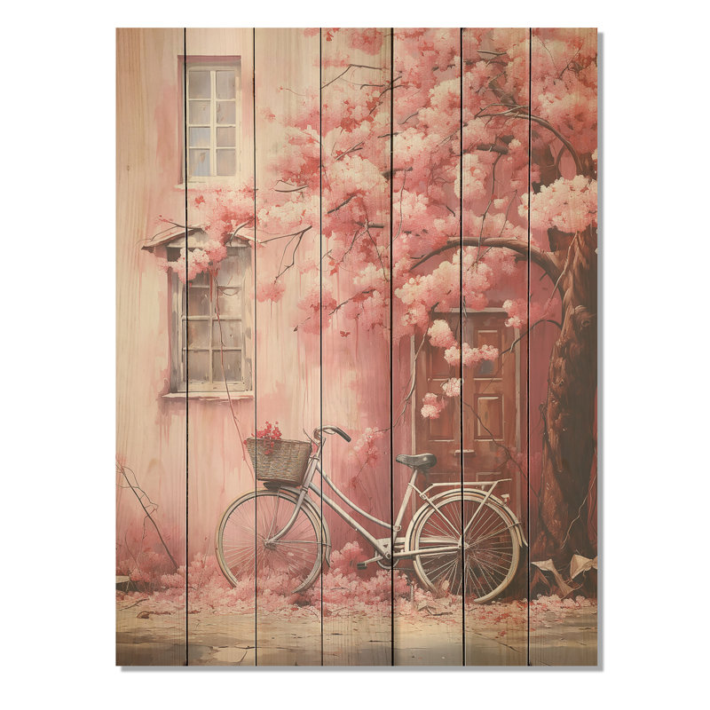 Fleurs printanières roses et blanches, vélo II, impression sur bois, H 20 po x l 10 po