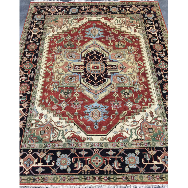 Tapis décoratif en laine rouge de conception unique 8 pi x 9 pi 11 po noué à la main new age