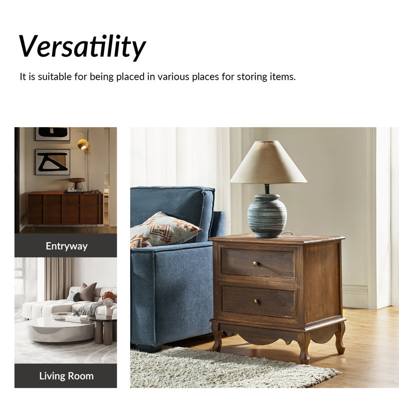 Lundgren Transitional 24'' Tall 2 - Drawer End table with Wood Legs and Charging Station Space , Walnut