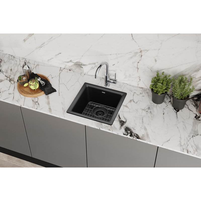 Quartz 15-3/4" x 15-3/4" x 7-11/16" Undermount Kitchen Sink with Basket Strainer, Black