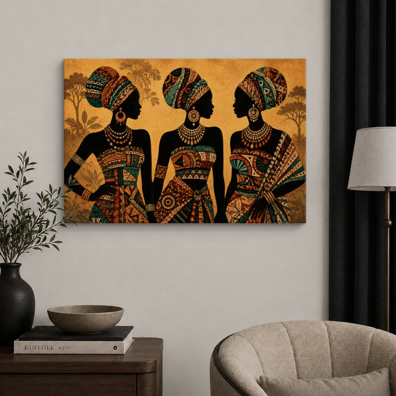 Art de silhouette de femmes d'Afrique, images de salon, impression sur toile encadrée, 16" H x 24" W x 1.5" D, Wrapped Canvas