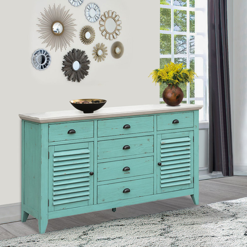 Milne Solid Wood 64'' W 6 - Drawer Dresser, Aqua