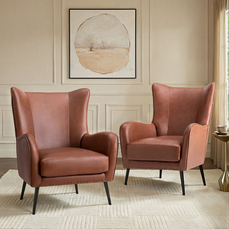Atalyia 30" W Faux Leather Wingback Armchair with Nailhead Trim, Brown Vegan Leather