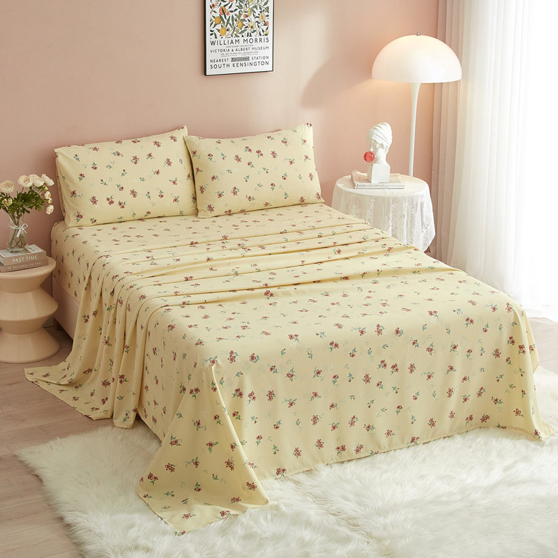 Zeta Boho Floral Printed Sheet Set, Twin Sheet Set with 1 Pillowcase, Yellow