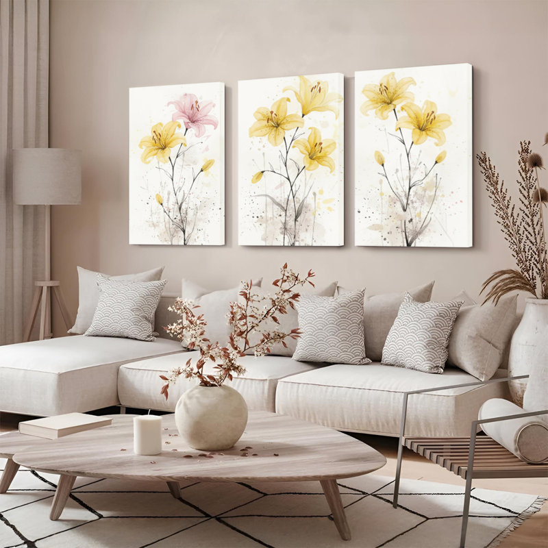 «Watercolor Lily», reproduction d'art sur toile tendue sur toile, ensemble de 3, H 24 po x l 48 po