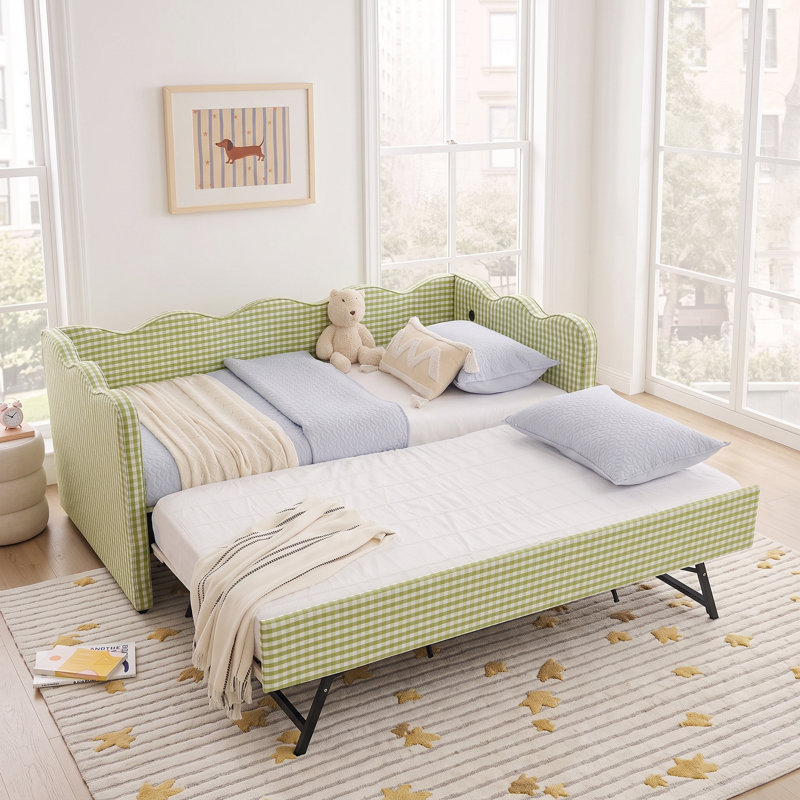 Lit de jour en lin avec couchette Helin Preppy, Lit simple, Vert