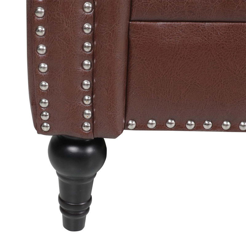 Husani Faux Leather Rolled Arms Chesterfield Sofa, Dark Brown Faux Leather, 3
