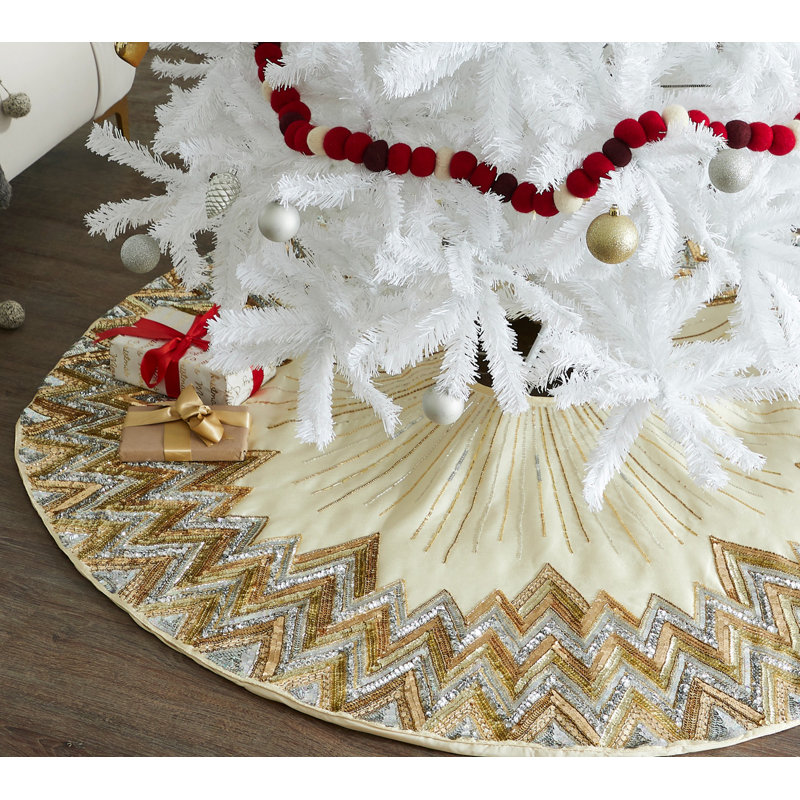 Handmade Christmas Tree Skirt - Hand Beaded Metallic Starburst on French Vanilla Silk, 72" W