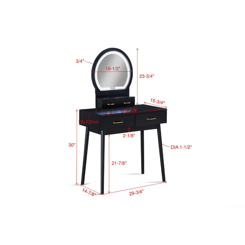 3pc Vanity Table and Stool Set, Black
