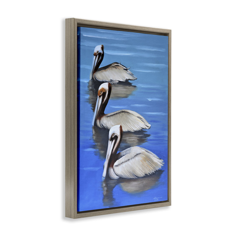 «Pelican Trio Drifting», toile flottante encadrée dorée par D. Rust, Cadre flottant orme Montalcino, H 31 po x l 21 po