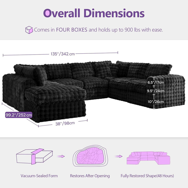 8 - Piece Compression Upholstered Boneless Sectional, Black Faux Fur