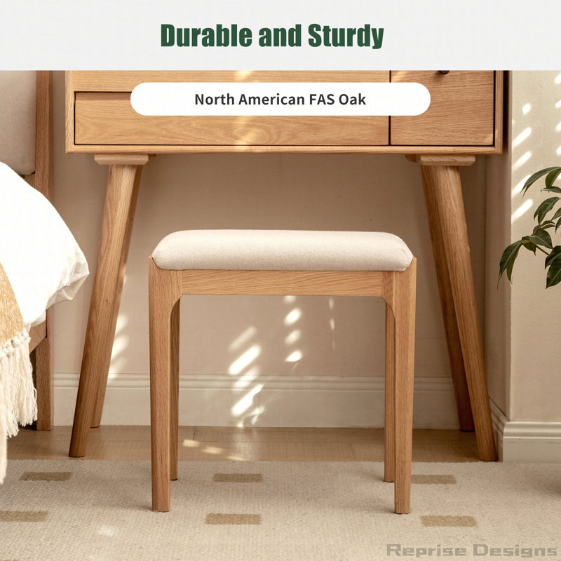 Tabouret de coiffeuse en bois massif avec assise rembourrée et capacité de 250 lb, Naturel