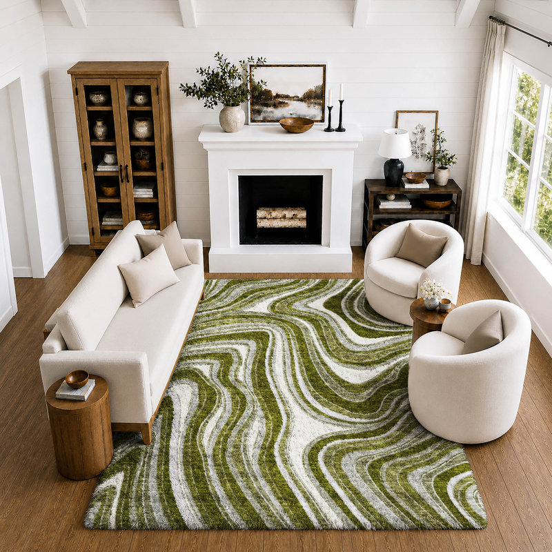 Tapis Dream Shag ADS756 à motifs tourbillonnants, lavable à la machine de qualité supérieure, Olive, 8' x 10'