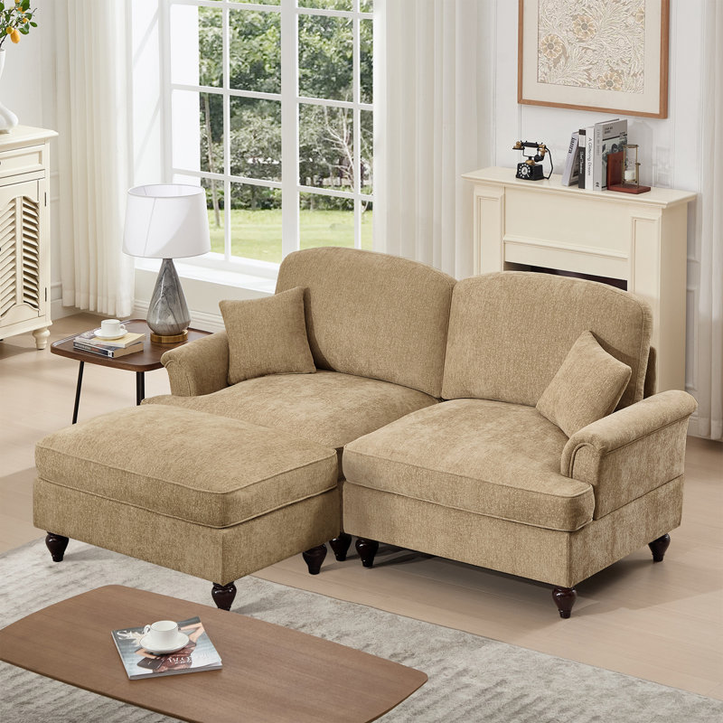 Chenille Loveseat with Flared Arms and ottoman, Light Coffee
