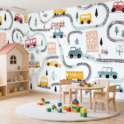 Wall Mural Peel and Stick Wallpaper Seamless hand drawn cars trains road Cartoon for Kids Self-Adhesive Removable Contact Paper Wall Decor for Living Room Bedroom 100"H x 144"W