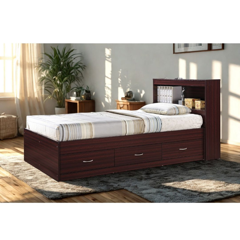 Twin-Size Storage Platform Bed with Bookcase Headboard and 3-Drawers for Clothing, , Mahogany