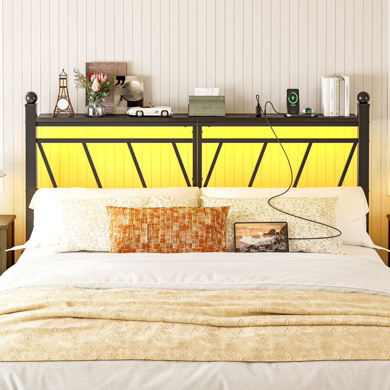  Metal Twin/Twin Xl Size Headboard With Storage, 60,000 Diy Color Of Led Lights, Head Board With Charging Station, Modern Freestanding Headboard Only, Easy Assembly, Black