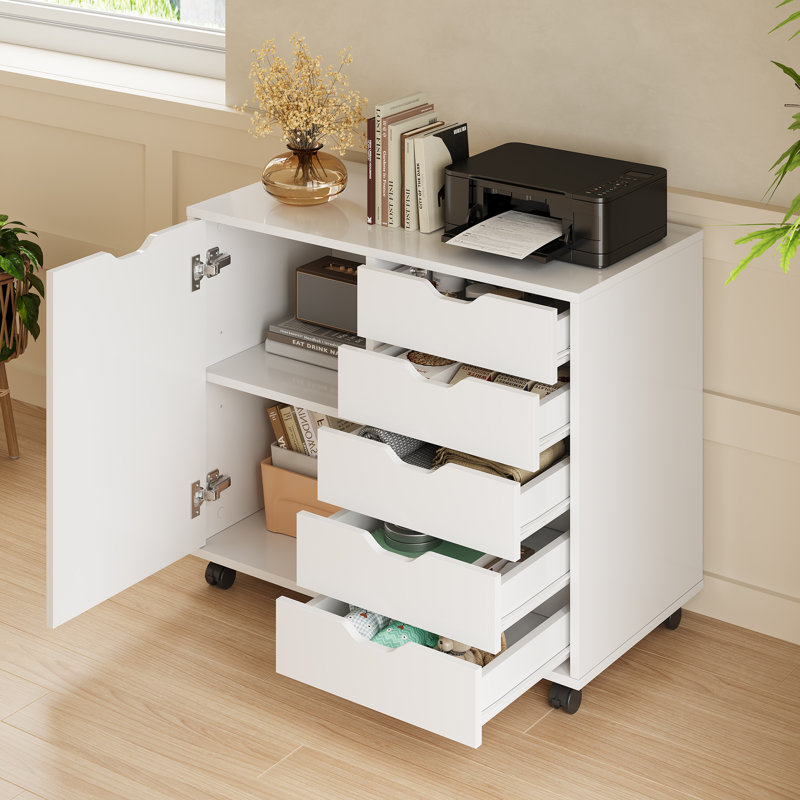 Classeur mobile à 5 tiroirs avec roulettes et porte Crandon, classeur en bois avec tablette réglable, Blanc