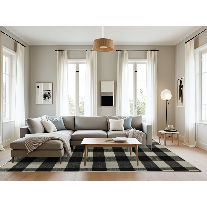 Tapis gris à carreaux lavable à la machine, Rectangulaire 8 pi x 12 pi