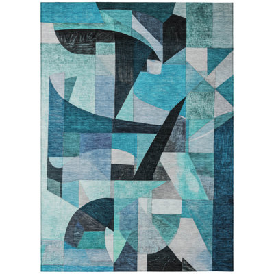 Machine Washable Indoor/Outdoor Xhevrie Teal Rug