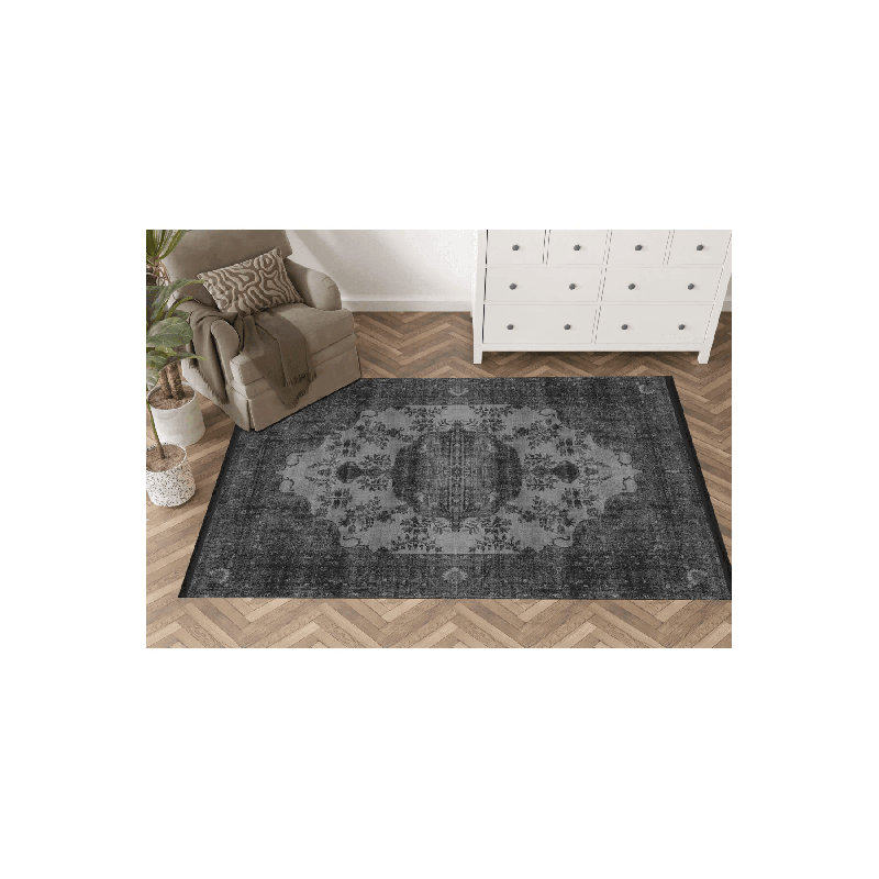 Tapis décoratif gris foncé à motifs traditionnels, Tapis de couloir 3 pi 3,37 po x 6 pi 6,74 po